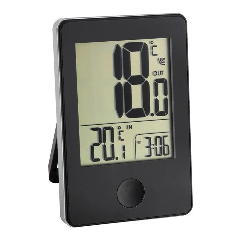 Thermomètre digital noir intérieur/extérieur - sans fil - avec horloge